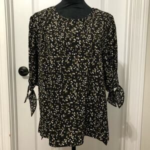 Cece Womens Blouse Size Large Black‎ White Floral Tie Sleeve Keyhole Back Top